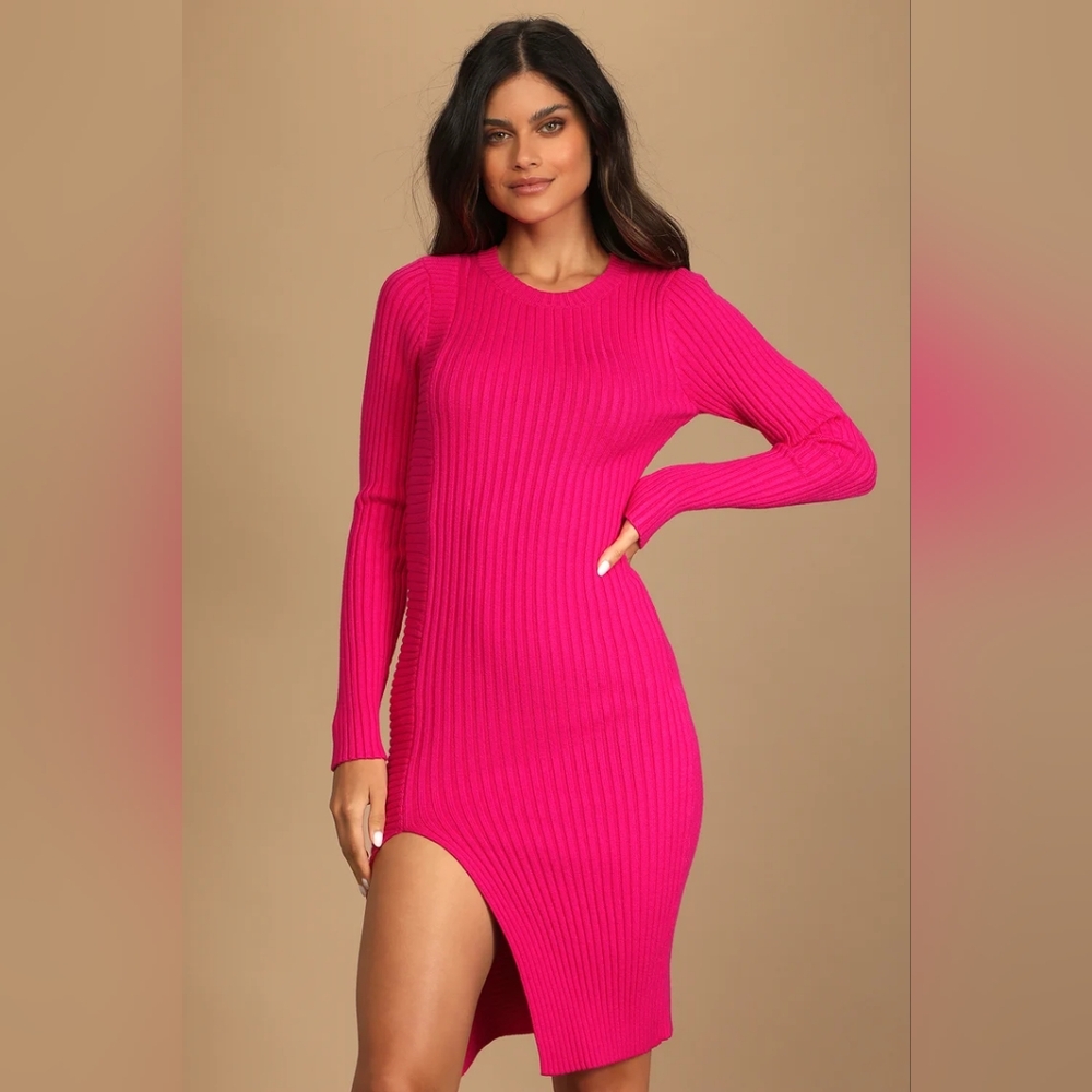 Lulus cold weather trend hot pink ribbed knit body con dress